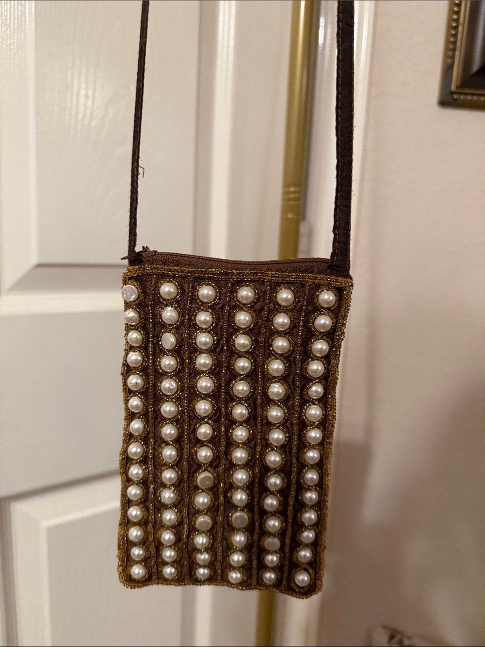 Pearl-Trim Brown Mini Cellphone Crossbody Bag - Elegant Evening Mini Bag